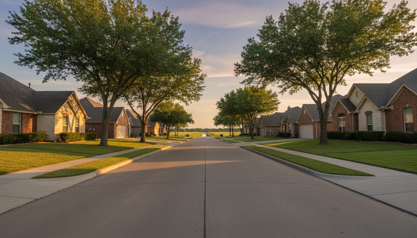 Homes along a tree-lined street in Bixby, Oklahoma, near the Arkansas River