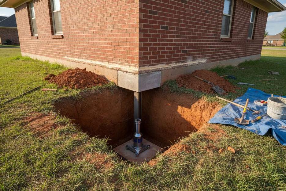 Foundation repair in progress at a Tulsa brick home: a settled corner being lifted and stabilized