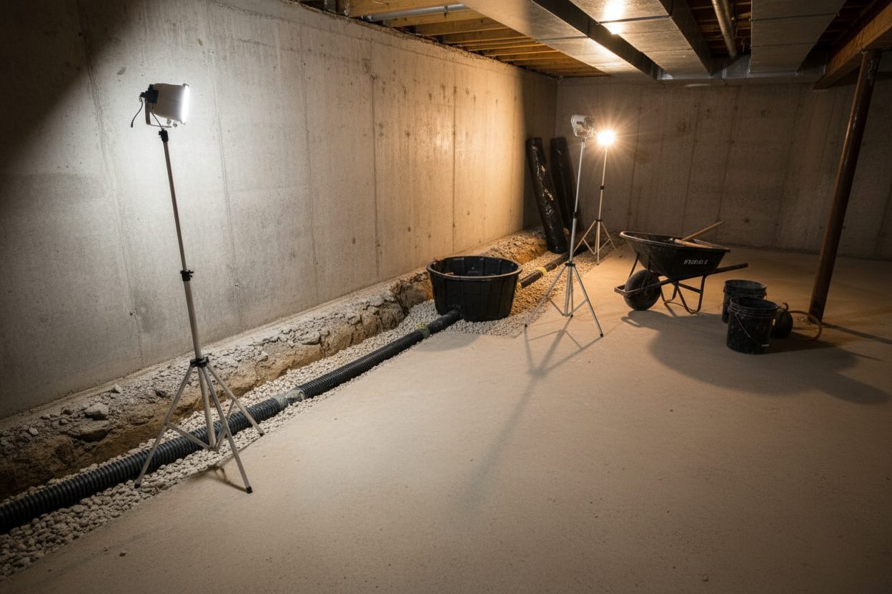 A basement wall in a Tulsa home during waterproofing work, with drainage being installed along the floor joint